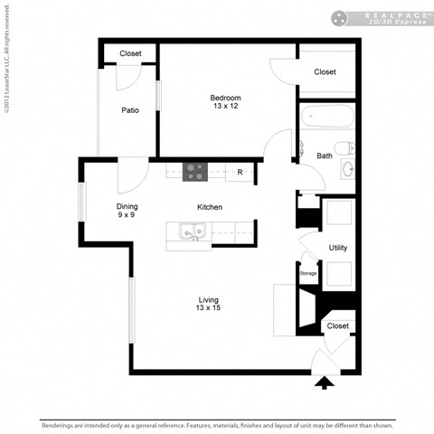 Floor plan for 1 bed, 1 bath, 748 sqft
